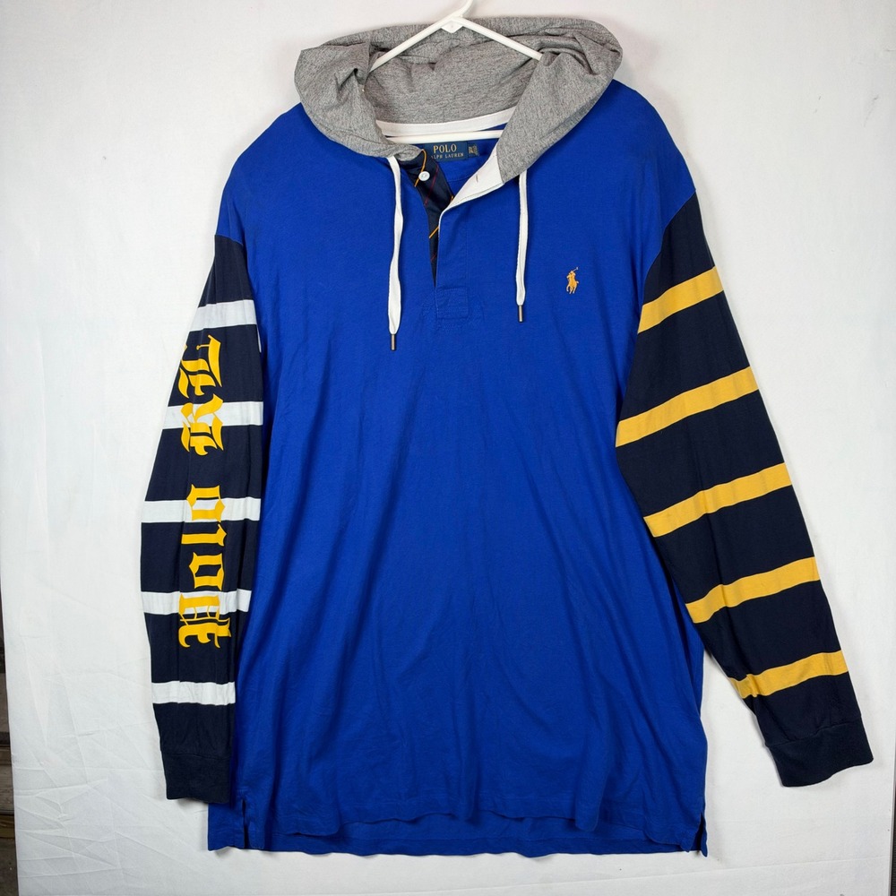 Polo Ralph Lauren Hooded Rugby Shirt Mens 2XLT Tall Blue Striped Long Sleeve